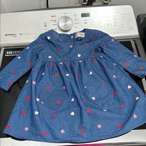 Girls 3T casual valentines heart pockets dress pink red blue denim chambray